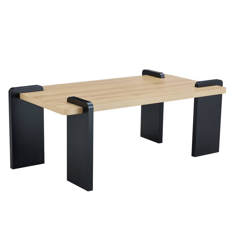 Unique Tenon Mortise Structure Coffee Table, Rectangular Center Table with Black Legs for Living Room Home Office Decor
