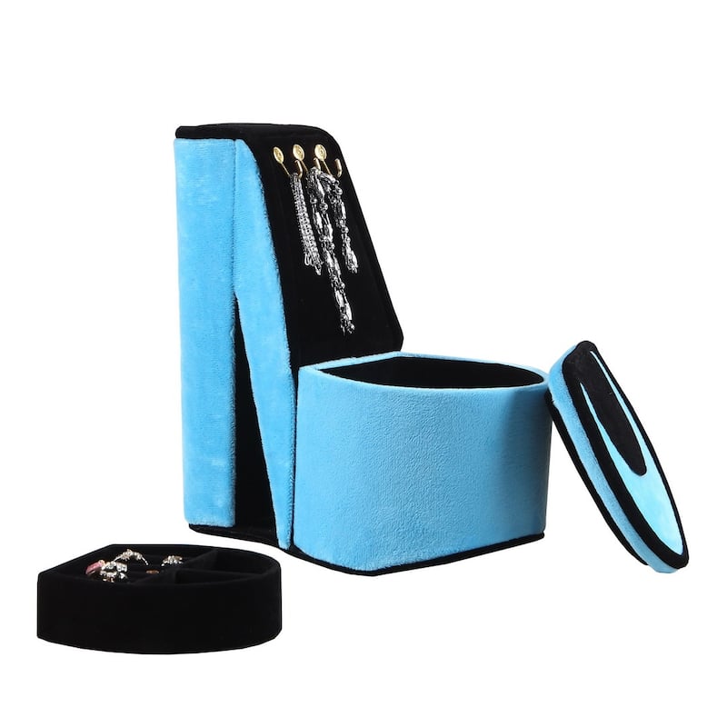 9" Tall Display Jewelry Box with Hooks, High Heel Shoe Design, Turquoise Velvet - Turquoise
