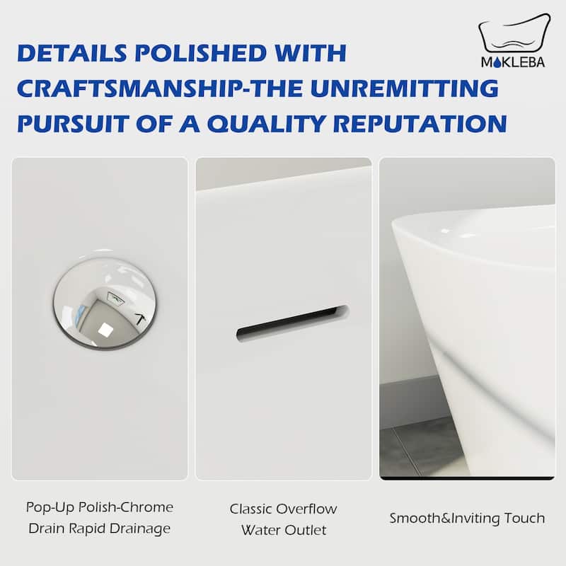 63 in. Acrylic Flatbottom Freestanding Bathtub Soaking with Pop Up Drain