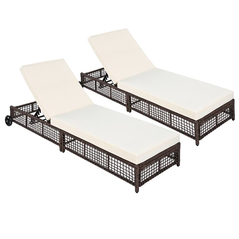 2 Pieces Outdoor Chaise Lounges Set for Poolside Garden, Adjustable Reclining Sun Lounger with Cushion & Wheels for 2 People