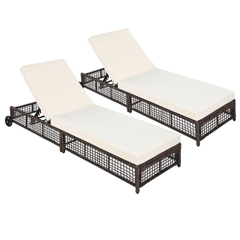 Set of 2 Rattan Outdoor Chaise Lounges with Wheels and Adjustable Backrest, Cushions for Poolside Backyard Garden