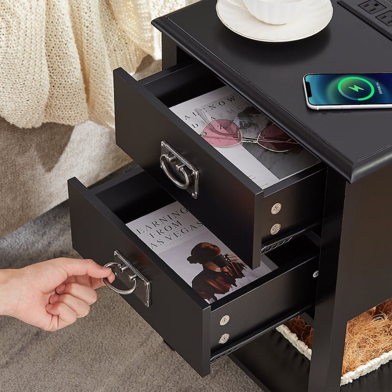 VECELO Mid Century Modern Nightstand with Charging Station and USB Port, Set of 2 Nightstands