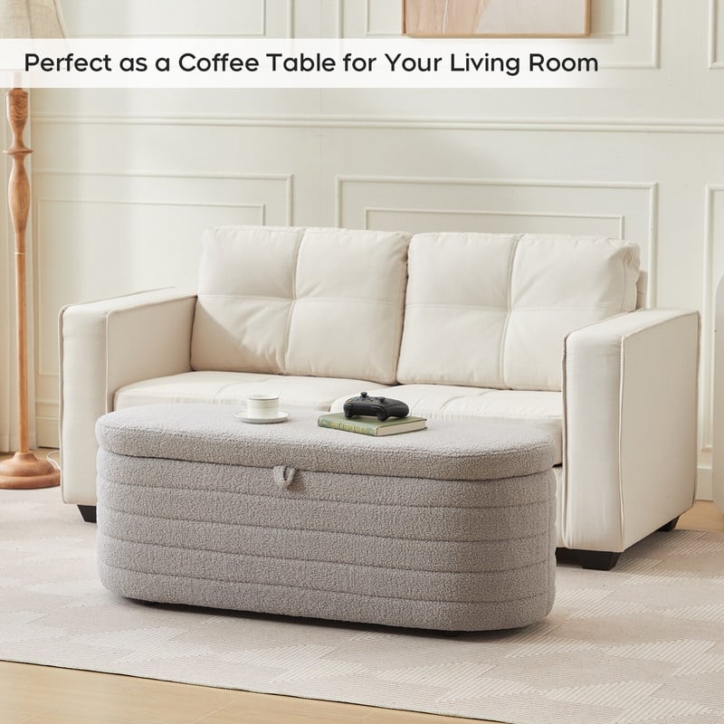 45" White Teddy Storage Ottoman Bench for Living Room Bedroom,Oval Sherpa Storage Bench Ottoman Foot Rest Anti-slip Legs