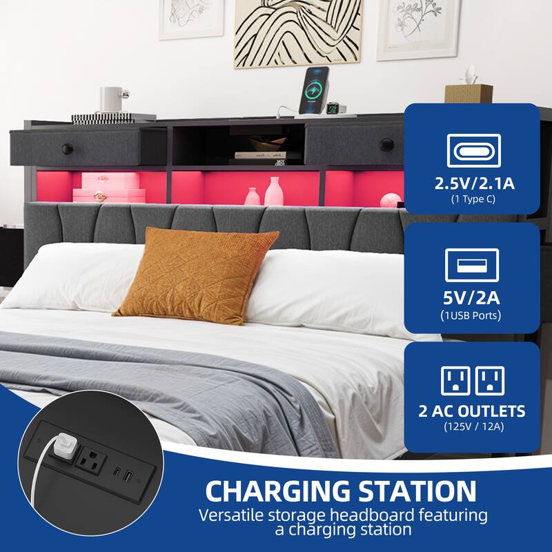 Moasis Linen Upholstered Platform Bed, Bed Frame with Hidden Storage Headboard and Charging Station