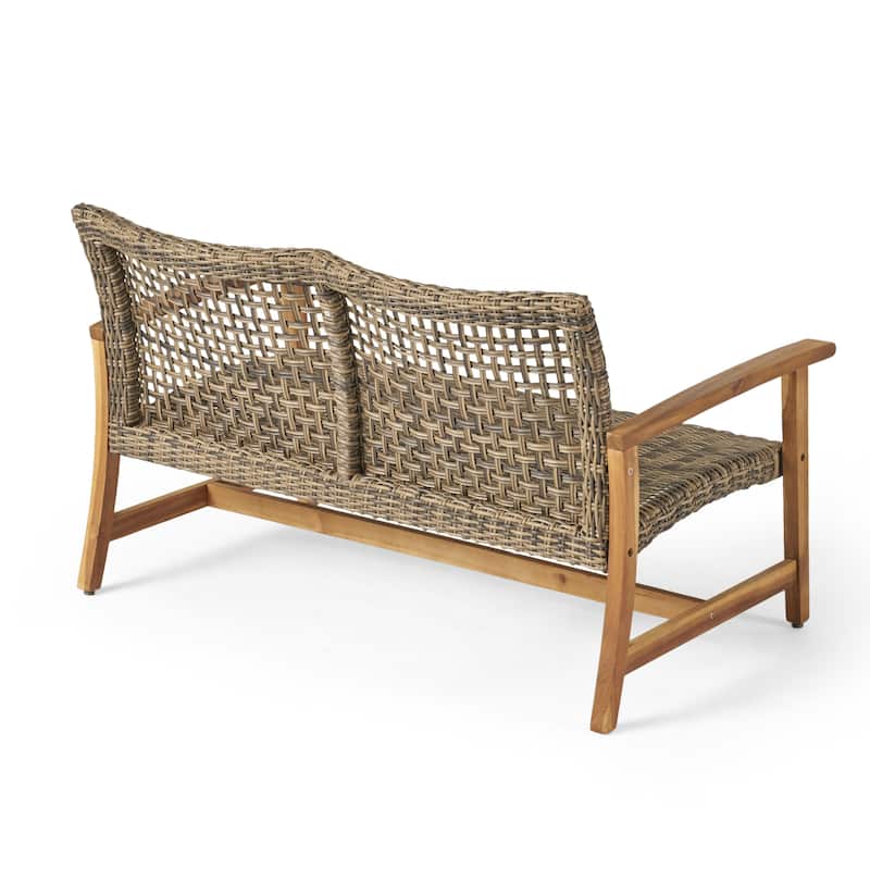 Outdoor Acacia Wood Loveseat Sofa Rattan Wicker 2 Seater Sofa Couch