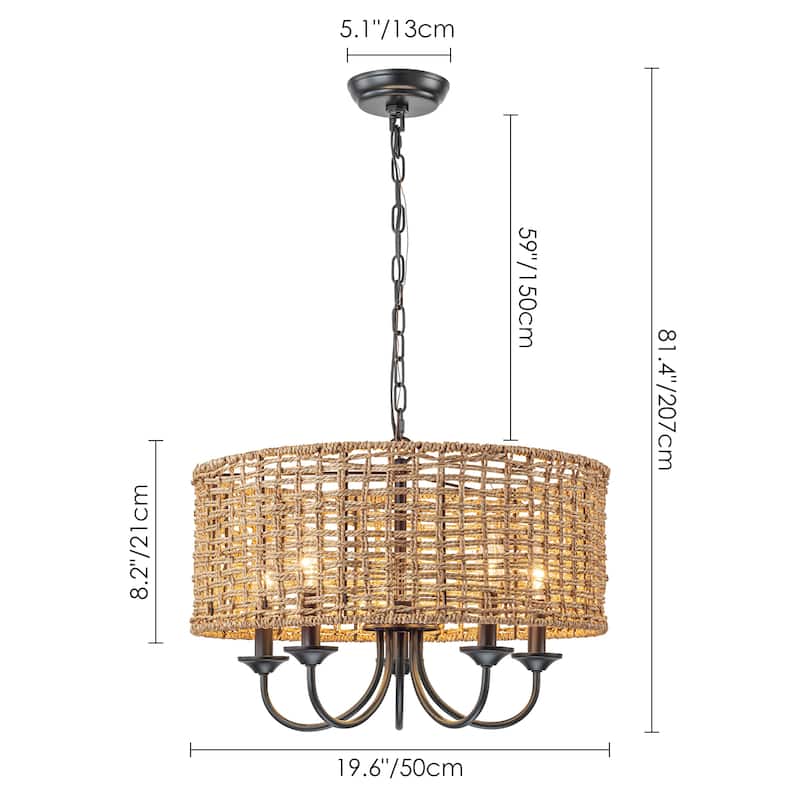 5-Light Modern Boho Hand Woven Drum Chandelier with Farmhouse Natural Rattan Shade - 19.6 in. W x 8.2 in. H