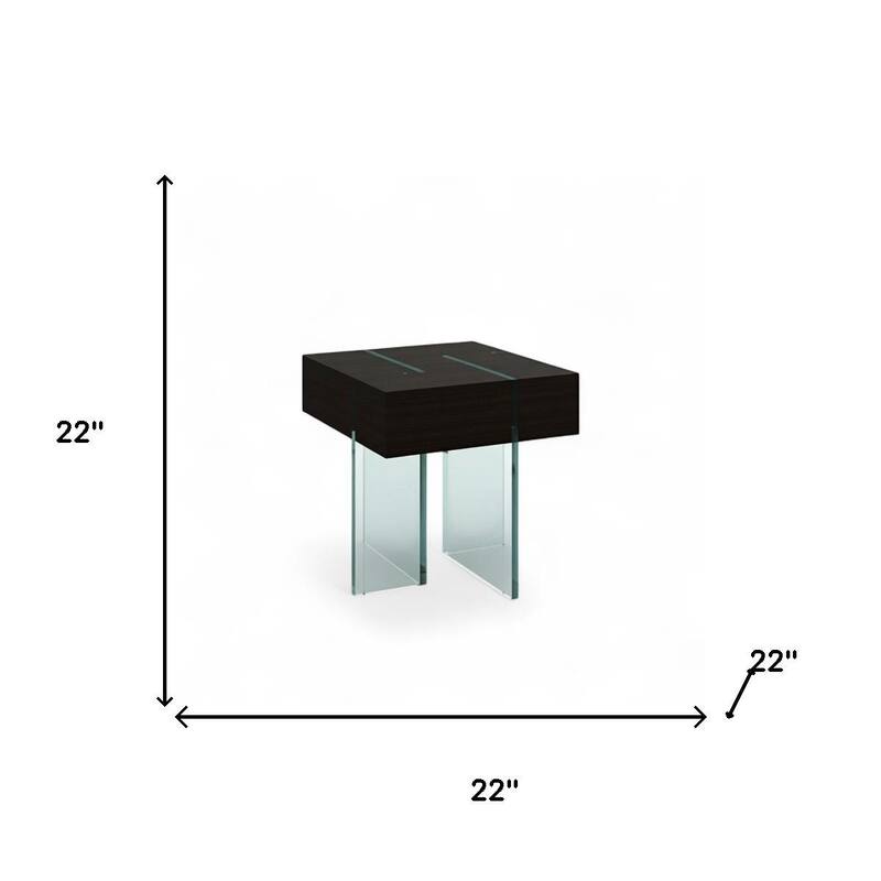 HomeRoots 22" Black And Clear Wood and Glass Square Sled End Table - 22.00 in. x 22.00 in. x 22.00 in.