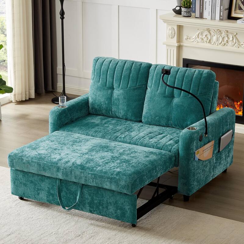 Chenille Loveseat Convertible Pull-out Sleeper Sofa Bed, Tufted Couch w2 Cup Holders Phone Holder & 3 USB Ports, Pockets - Teal