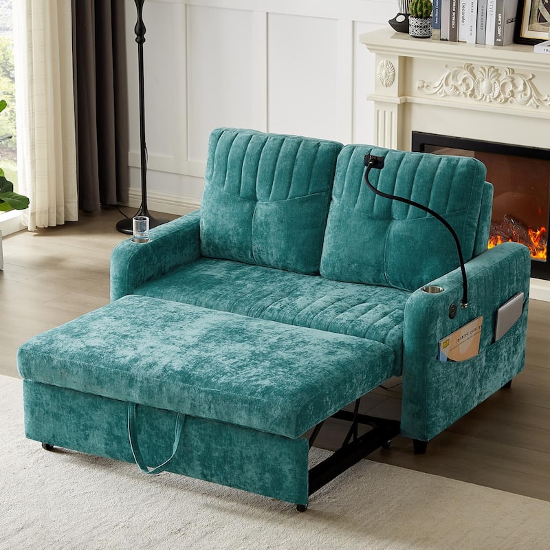 Multi-Functional Sleeper Sofa Pull-Out Loveseat with USB Charging, Sofa Bed with Adjustable Backrest and Storage Pockets
