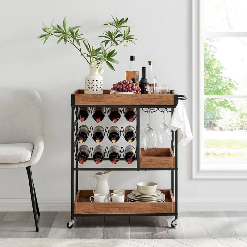 Rustic Walnut Veneer and Metal Rolling Farmhouse Wine Bar Cart with Wine Bottle and Glass Rack