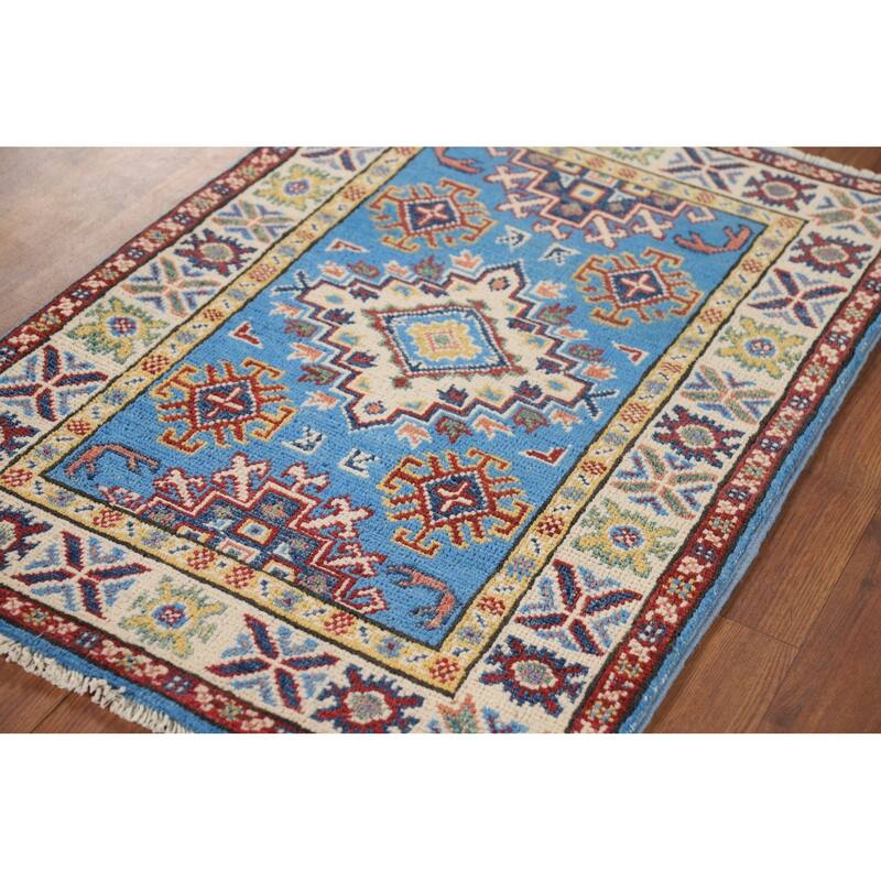 Blue Geometric Kazak Foyer Rug Handmade Oriental Wool Carpet - 2'1" x 3'0"