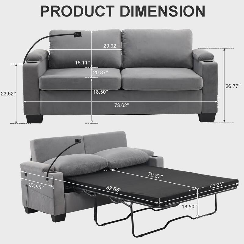 Pull-Out Queen Sofa Bed 73.63" with Memory Foam Mattress, Cup Holders, USB Ports, and Storage Pockets for Small Spaces