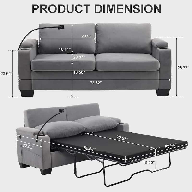 Pull-Out Sofa Bed with Memory Foam Mattress and Cup Holders for Living Room