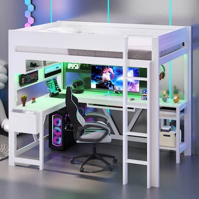 Wood Full Size Gaming Loft Bed Frame with Computer Desk, Grid Storage Panel, Storage Shelves, Cabinet, LED and Charging Station