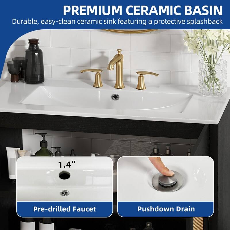 Moasis 24" Bathroom Vanity with Ceramic Sink, Rattan Double Door Cabinet and Drawer, Freestanding Solid Wood Legs