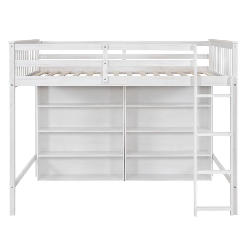 Full Size Loft Bed with Built-in Ladder and Storage Shelves, Space-Saving Design