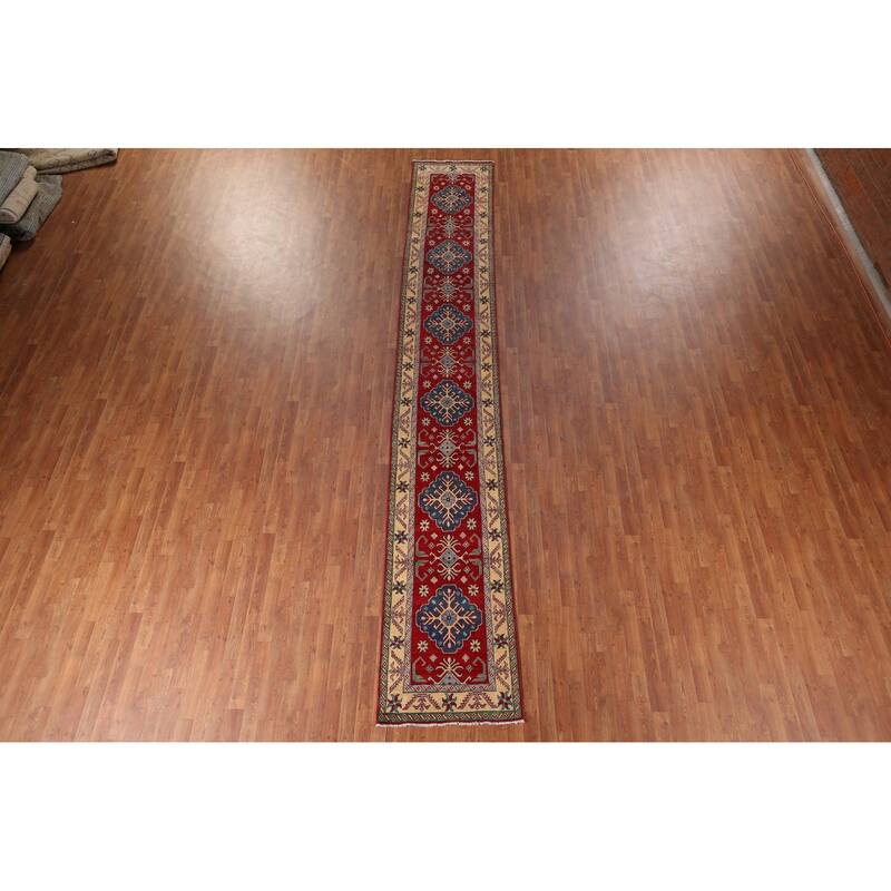 Geometric Red Kazak Oriental Runner Rug Handmade Wool Carpet - 2'6" x 16'0"