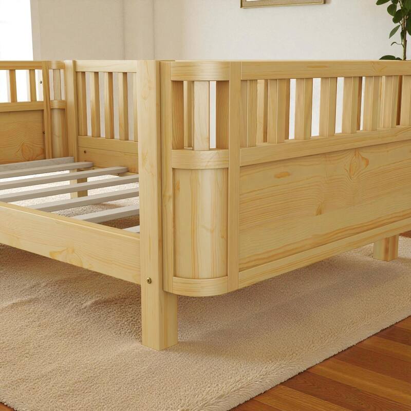 Wood Twin/Full Size Platform Bed with Safety Rails, Low Profile Kids Bed Frame for Girls and Boys