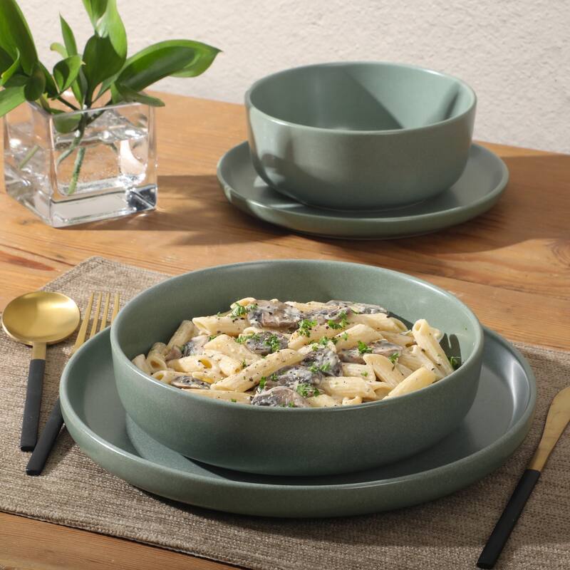 Gibson Elite Pasco (Service for 4) Plates and Double Bowl Reactive Glaze Stoneware Ceramic Dinnerware Set