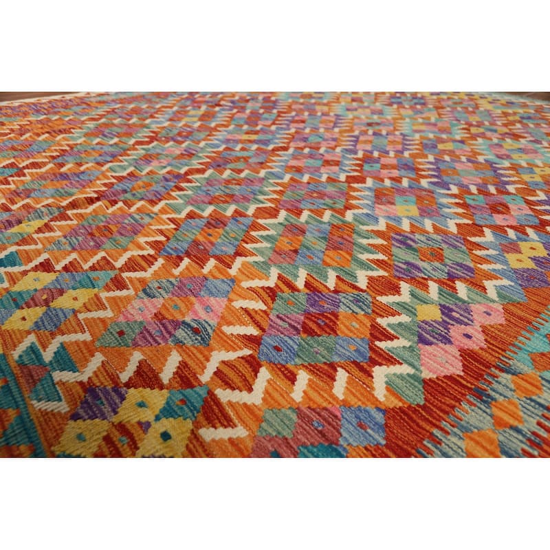 Reversible Kilim Oriental Area Rug Flatweave Orange Wool Carpet - 8'0" x 9'7"