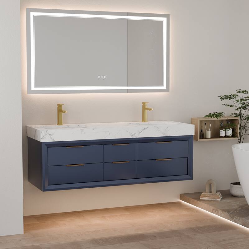 60" Wall-Mount Double Vanity with LED Light. - 60 inch - Blue.
