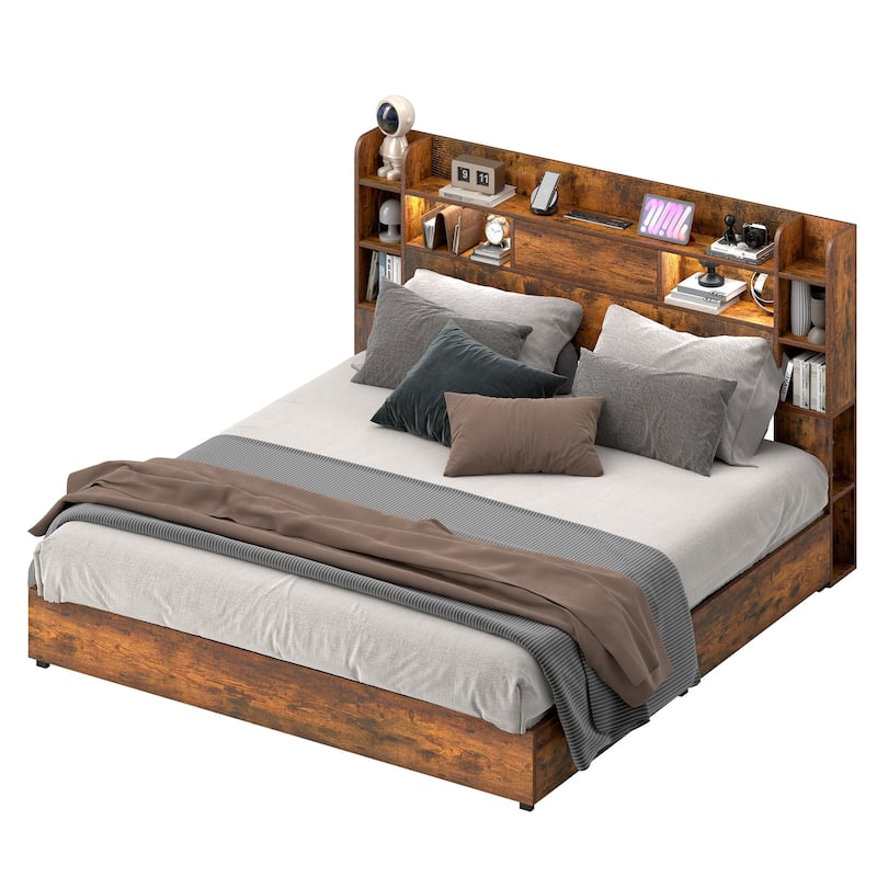 Moasis LED Bed Frame with Bookcase Headboard, 4 Storage Drawers and Type-C USB Charging Station
