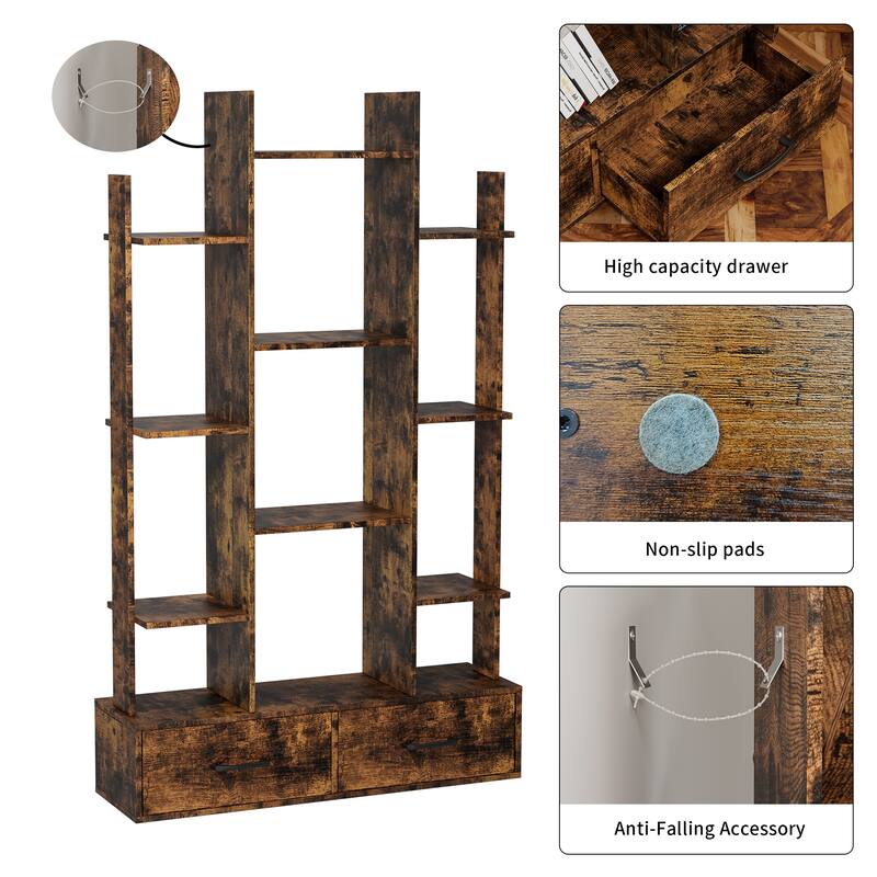 Bookshelf with 2 Drawers, Industrial Freestanding Open Display Shelving, Vintage Open Bookcase