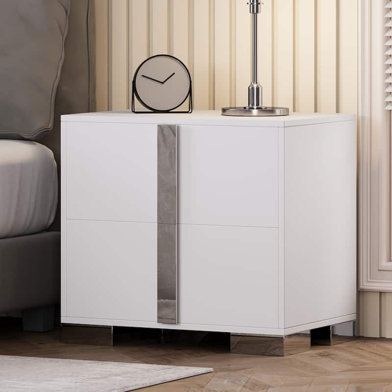 Modern End Table with Drawers, Elegant Nightstand with Metal Foot,Wood Bedside Table with Mirrored Metal Handles - White