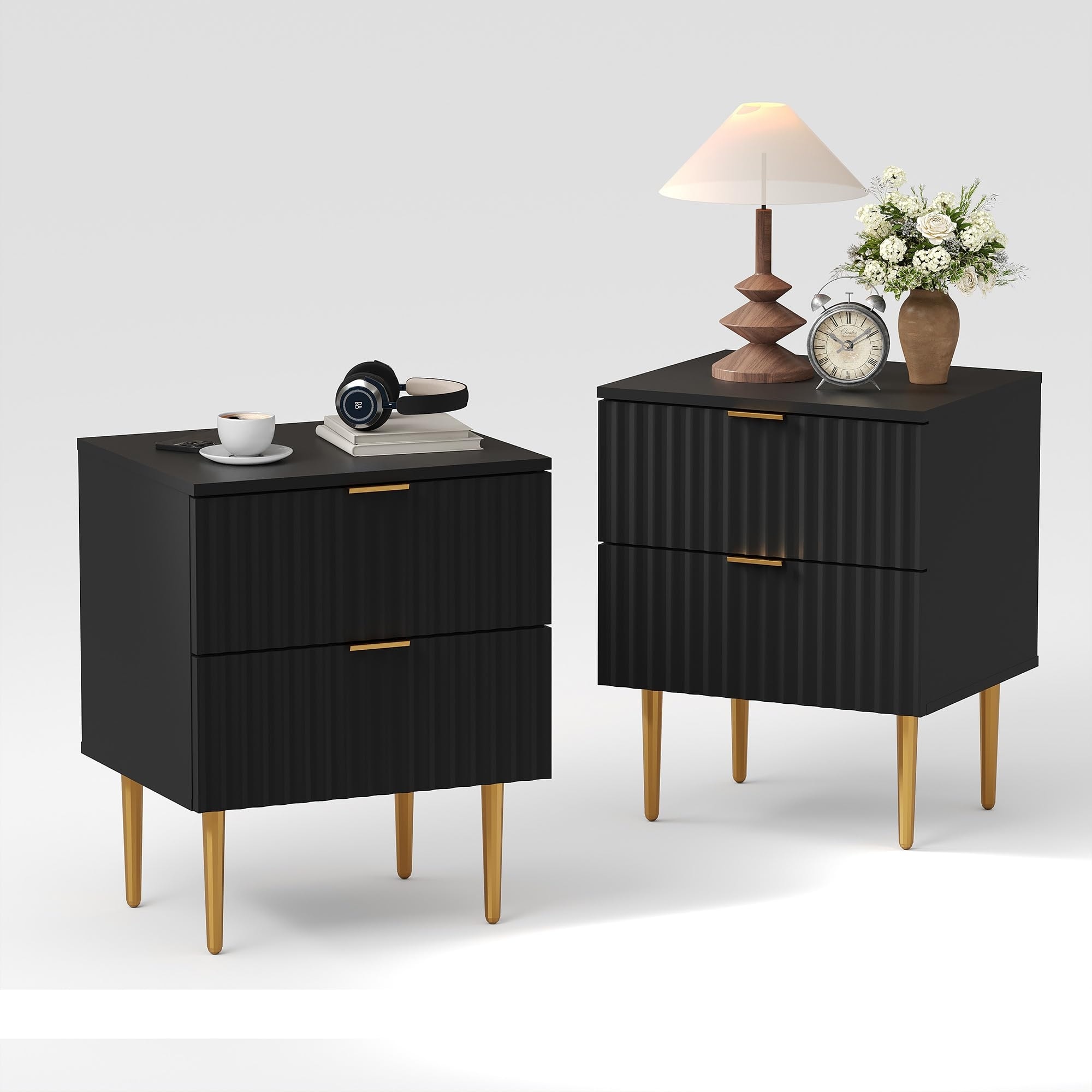 Modern Nightstand with USB Charging Station, Gold & Wood Fluted Bedside Night Stand with 2 Drawers, USB Ports & Outlets