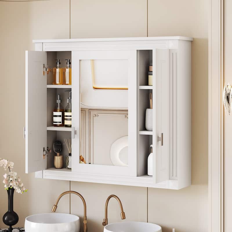 Bathroom Wall Cabinet with Doors & Shelves, Wall Mounted Bathroom Medicine Cabinet, Over Toilet Storage Cabinet with Mirrored - White