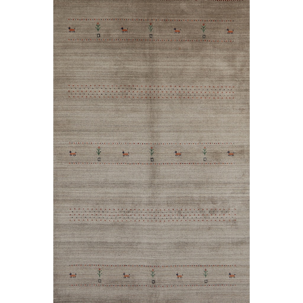Hand Knotted Oriental 100% Wool Carpet Tribal Animal Pictorial Beige & Ivories Gabbeh Area Rug - 7' 9'' X 5' 1''