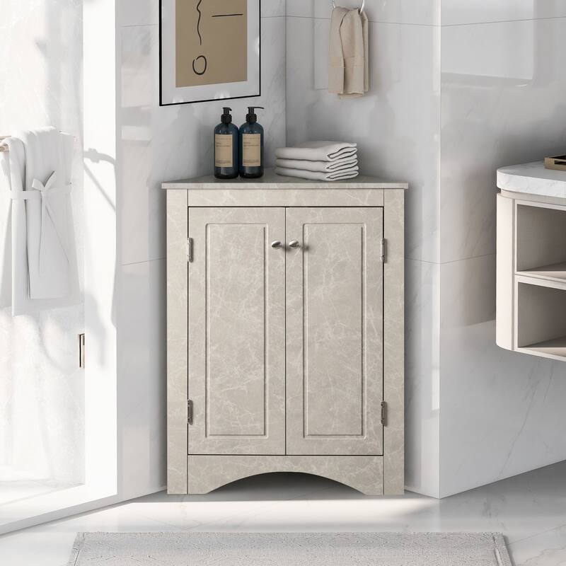 32" Wood 2-door Bathroom Corner Cabinet with Adjustable Shelves