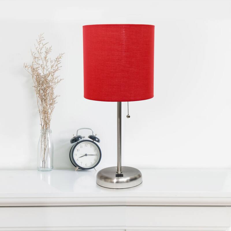 19.5 in. Brushed Steel Finish Table Lamp with Red Shade, Durable Stick Lamp for End/Side Tables