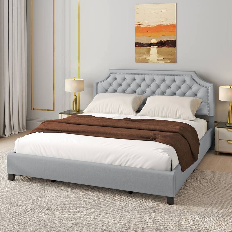 Moasis Upholstered Tufted Bed Frame with Adjustable Height Headboard - Linen Grey - King