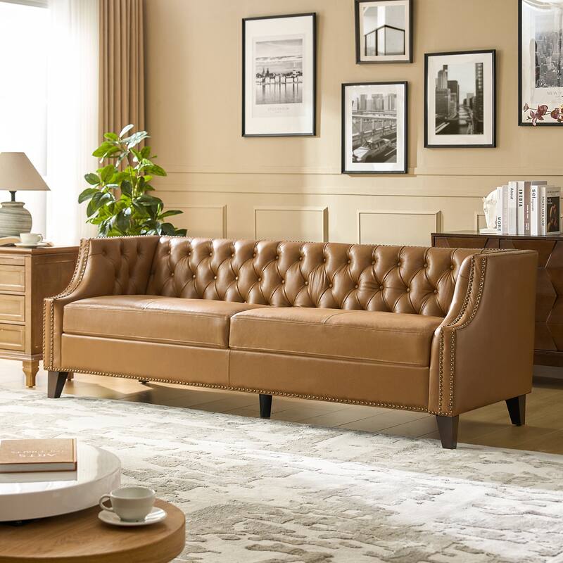 Eugène Transitional Genuine Leather Tufted Design Sofa with Solid Wood Legs by HULALA HOME