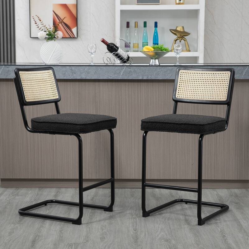 Set of 2 Ayers Black Fabric Counter Stool with Rattan Backrest and Black Steel Legs