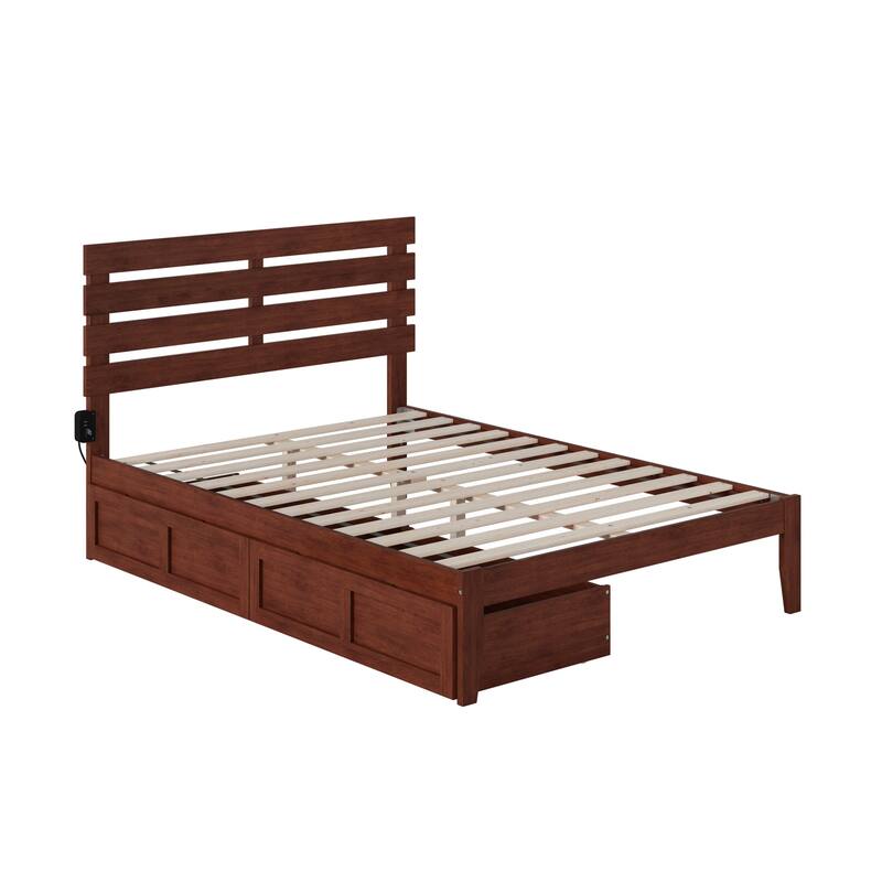 Full Walnut Platform Bed with USB Turbo Charger, Two Rolling Storage Drawers, and Durable Slat Support
