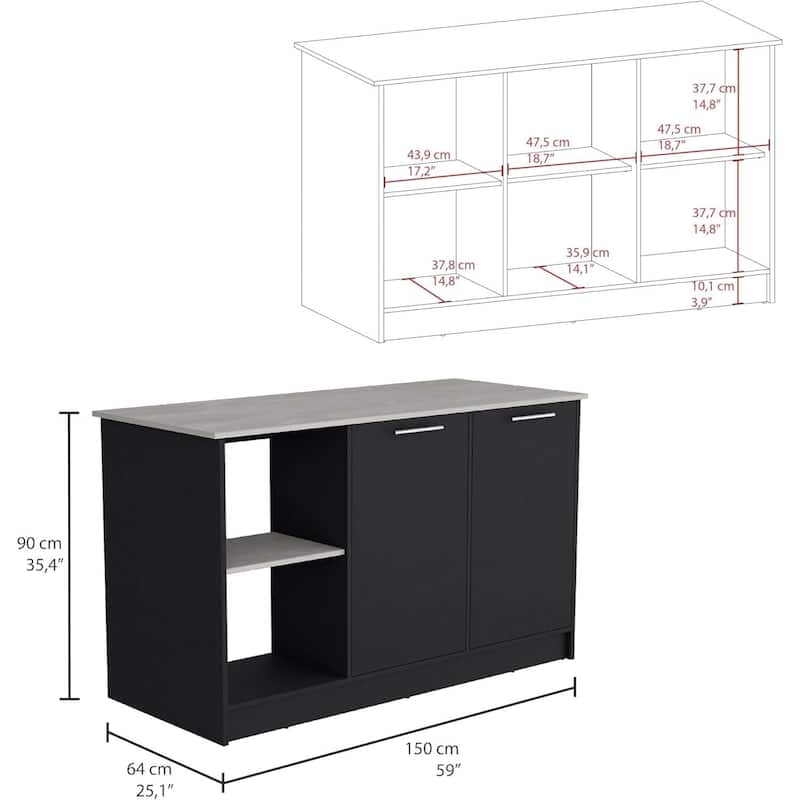 Modern Kitchen Island with Wide Top Surface, Double Door Cabinet, Metal Hardware, and Open Shelves for Storage