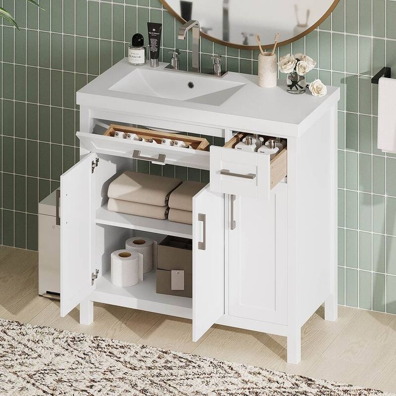 36" Bathroom Vanity Cabinet with Resin Integrated Sink - 2 Drawers, 3 Doors