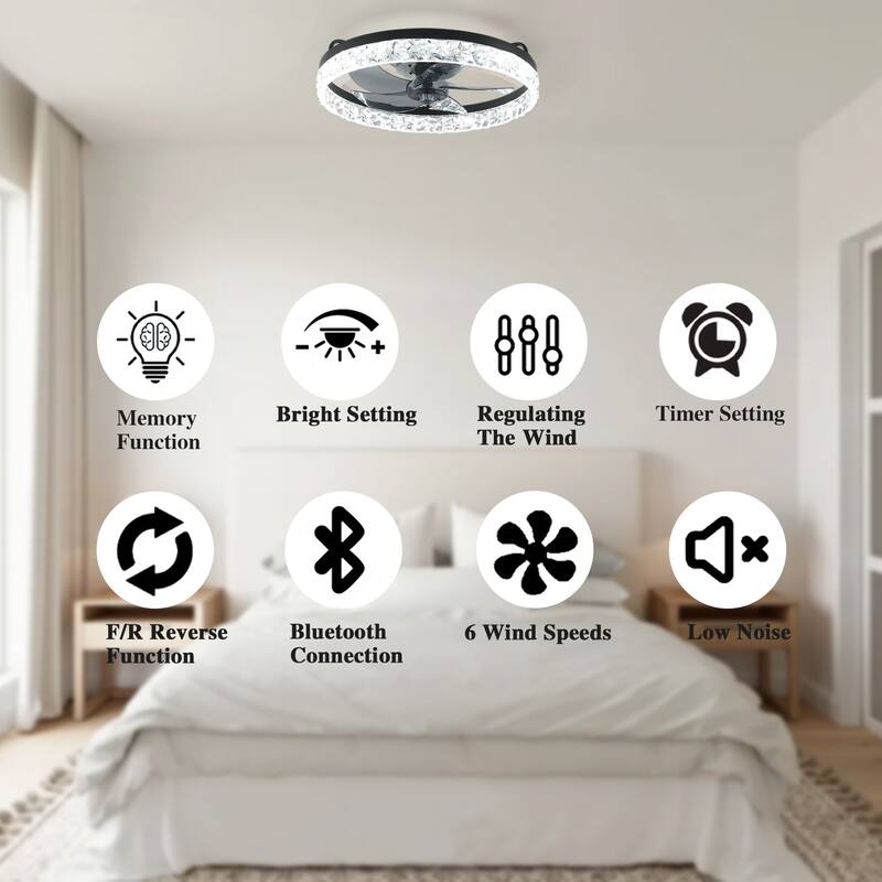 19" Bedroom Fan Light with Remote Control, Dimmable, 7 Blades, Reversible DC Motor, with LED Light