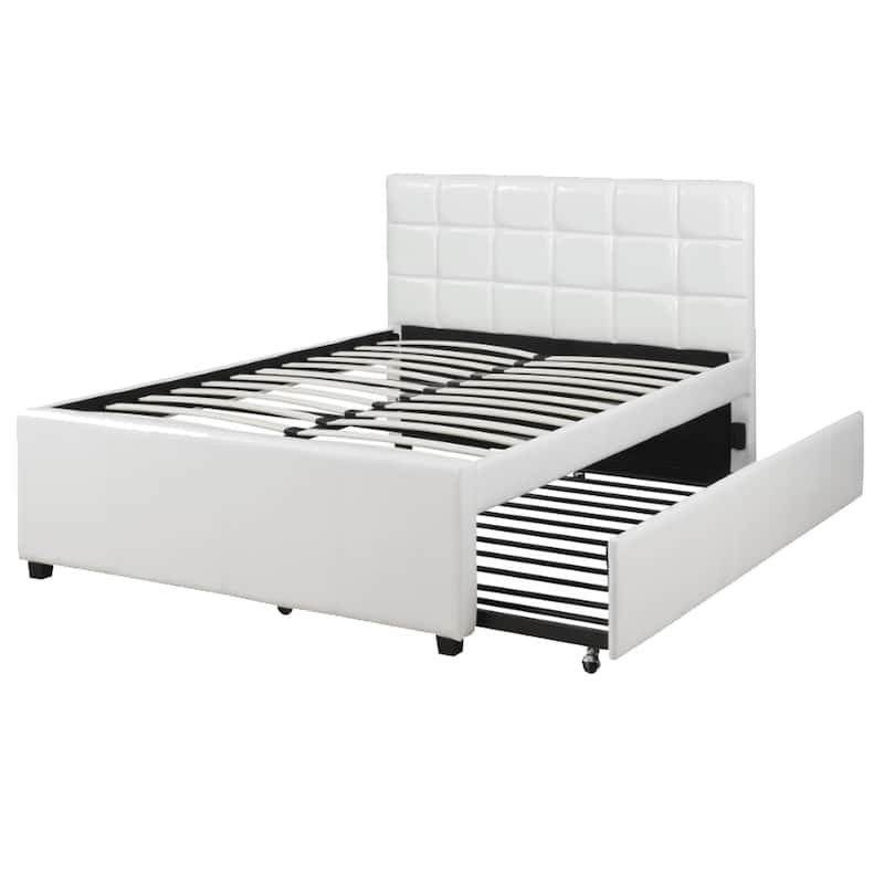 Gracious Wooden Full Bed with Trundle and SQU Tufted HB, White