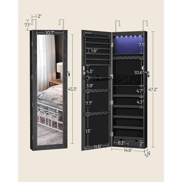 dimension image slide 2 of 3, 6 LED Lights Lockable Wall Mounted Jewelry Armoire with Full-Length Mirror