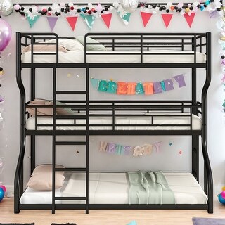 Full XL over Twin XL over Queen Size Triple Bunk Bed with Ladders, Black Metal Frame, Industrial Style