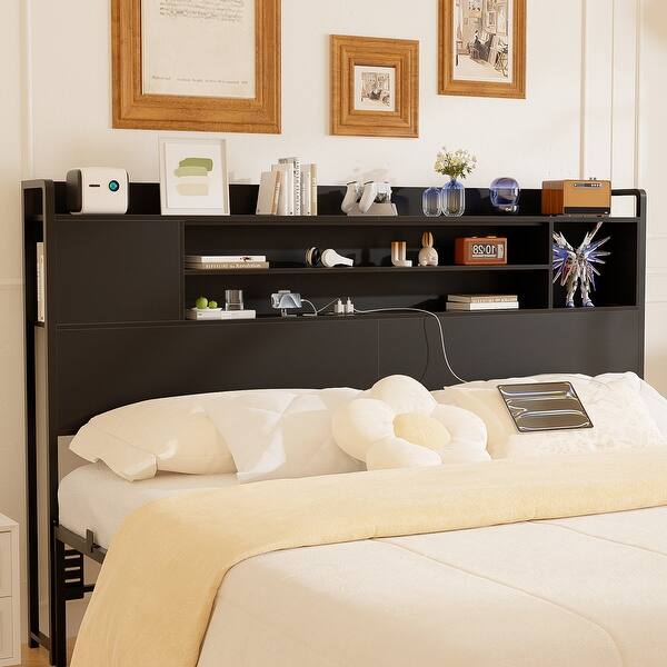 Storage Headboards with Drawers, Head board with Power Outlet and LED Light for Bed Frame