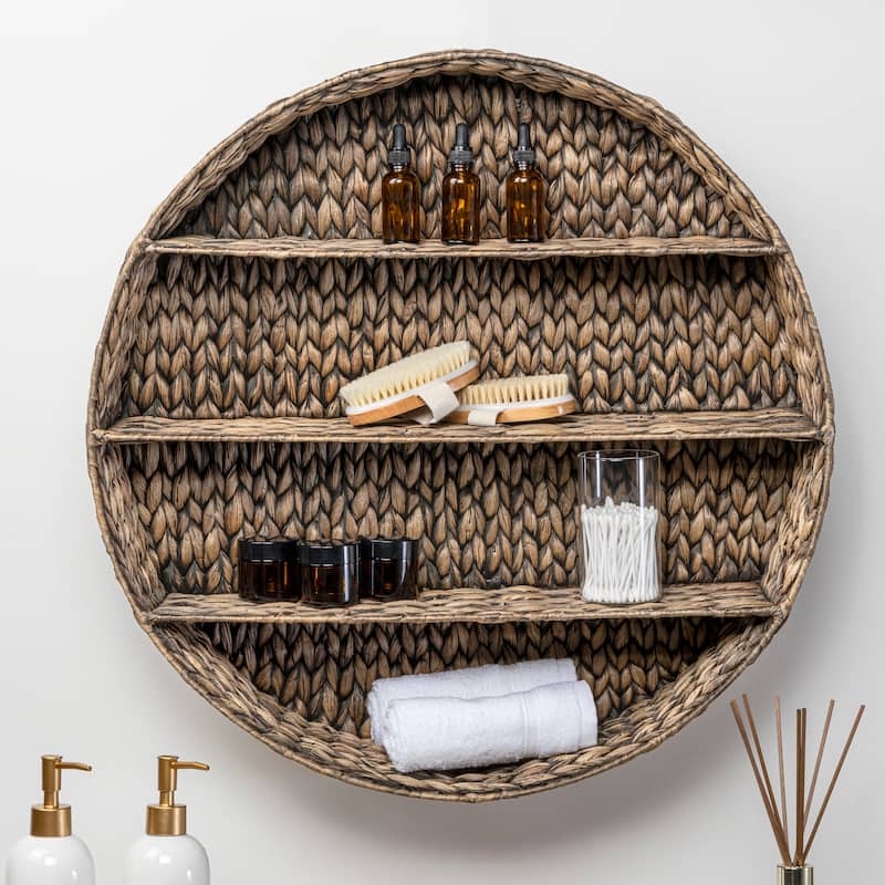 happimess 24.5" 3-Shelf Circular Handwoven Hyacinth Wall Rack - Brown