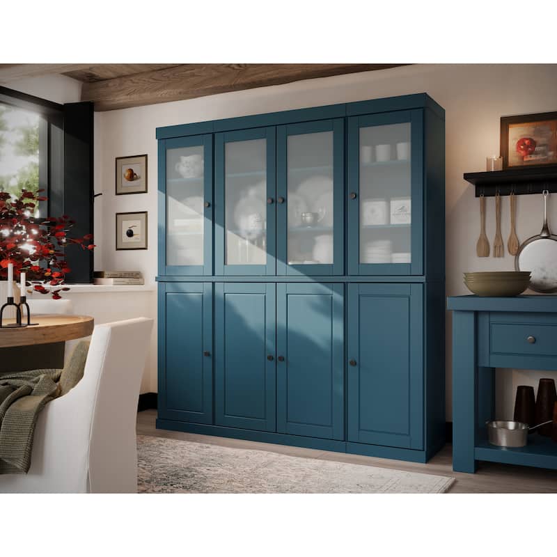 100% Solid Wood 65" Pantry China Cabinet with Solid, Frosted Glass Doors and Adjustable Shelves - Teal Blue