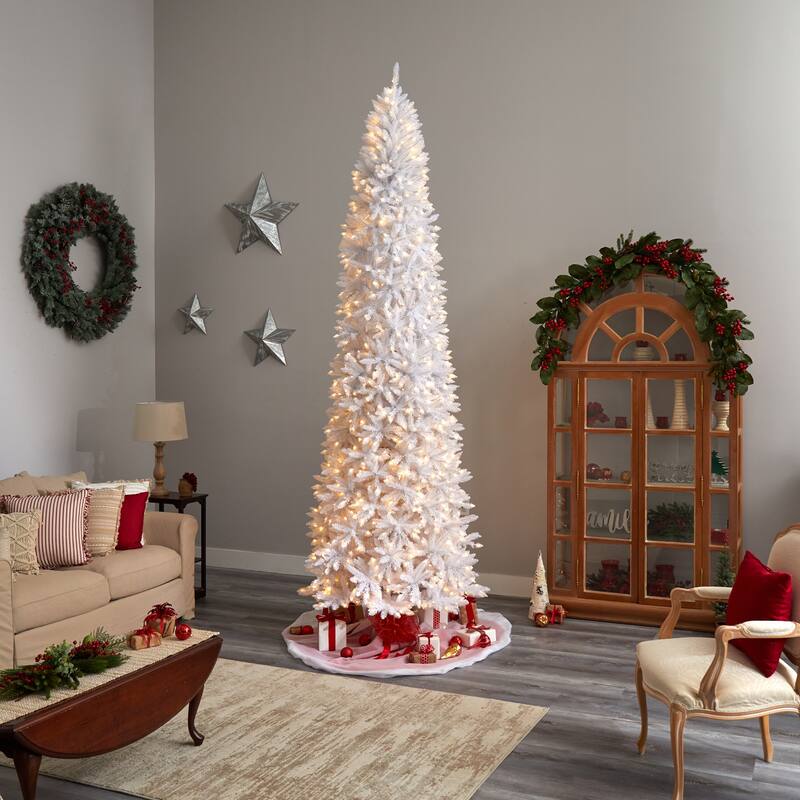 11ft White Christmas Tree Pre-Lit - Slim Artificial Tree with Warm White Lights & Bendable Branches - 132