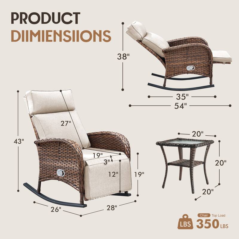 Meyreso 6-Piece Wicker Rocking Reclining Chaise Lounge with Adjustable Backrest & Footrest