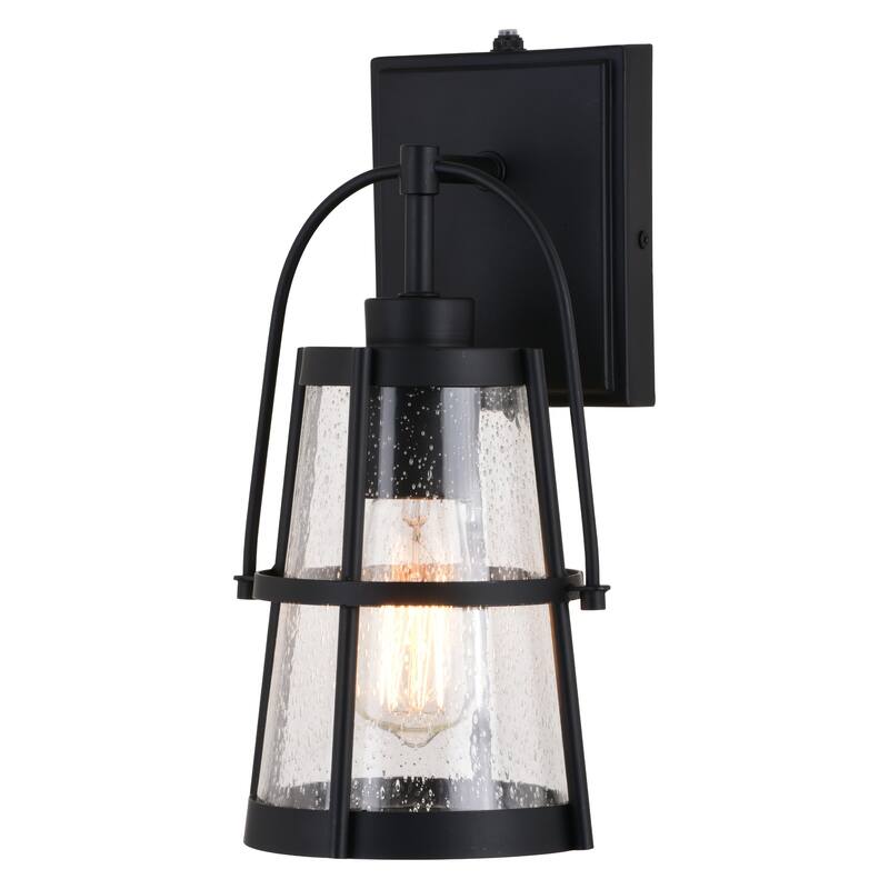 VAXCEL Portage Park 12.75 in. H 1-Light Matte Black Dusk to Dawn Sensor Outdoor Wall Sconce, Steel, Clear Seeded Glass Shade
