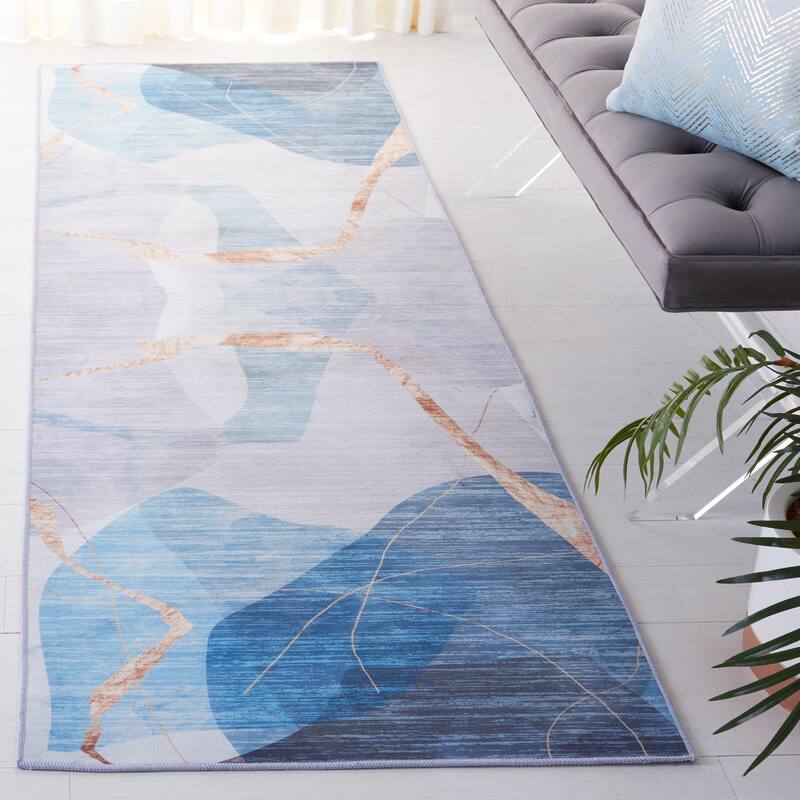SAFAVIEH Tacoma Machine Washable Slip Resistant Maudie Mid-Century Modern - 2' 6" x 6' - Blue/Gold - Rectangle